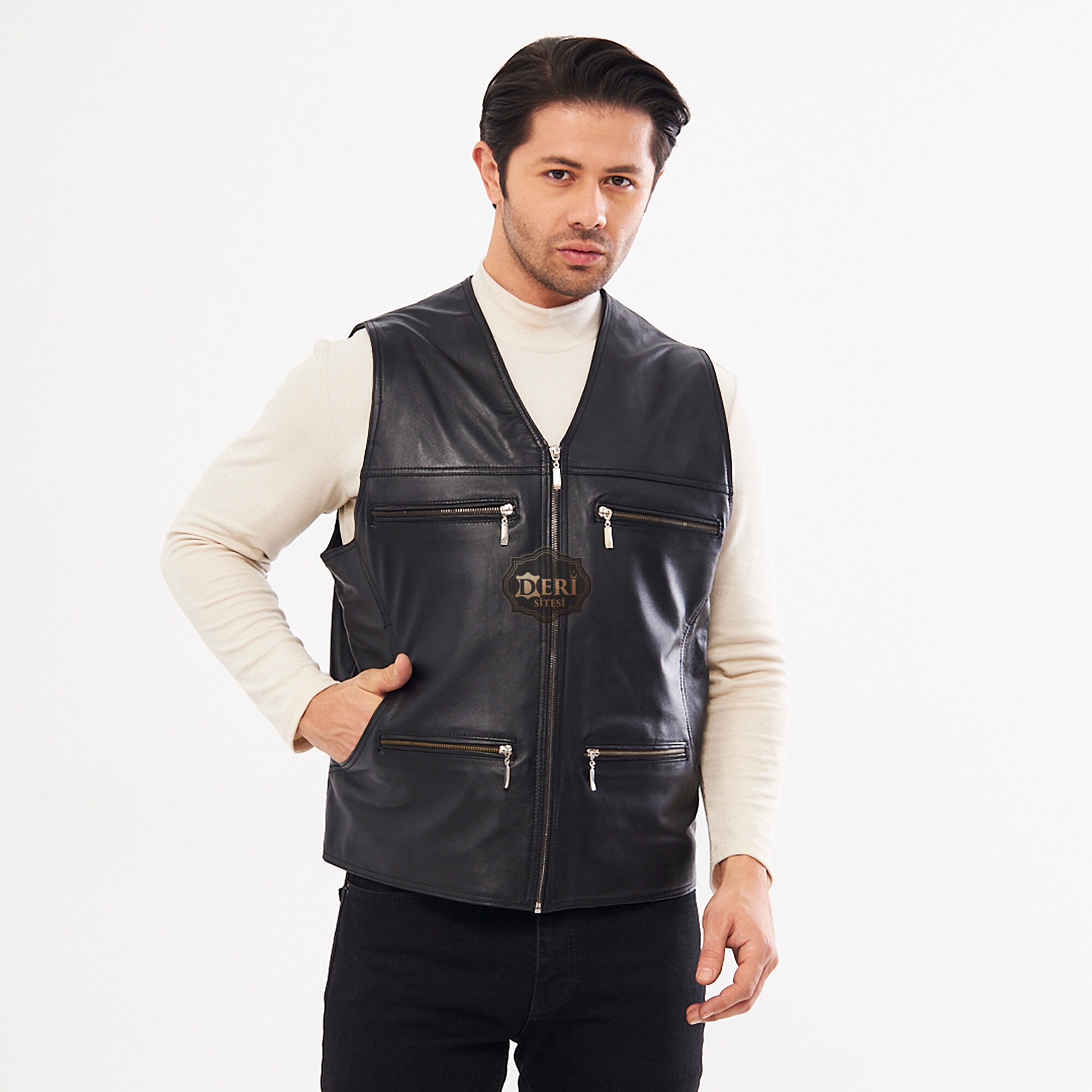 Handmade Black Lambskin Leather Vest – Men's Zippered Waistcoat