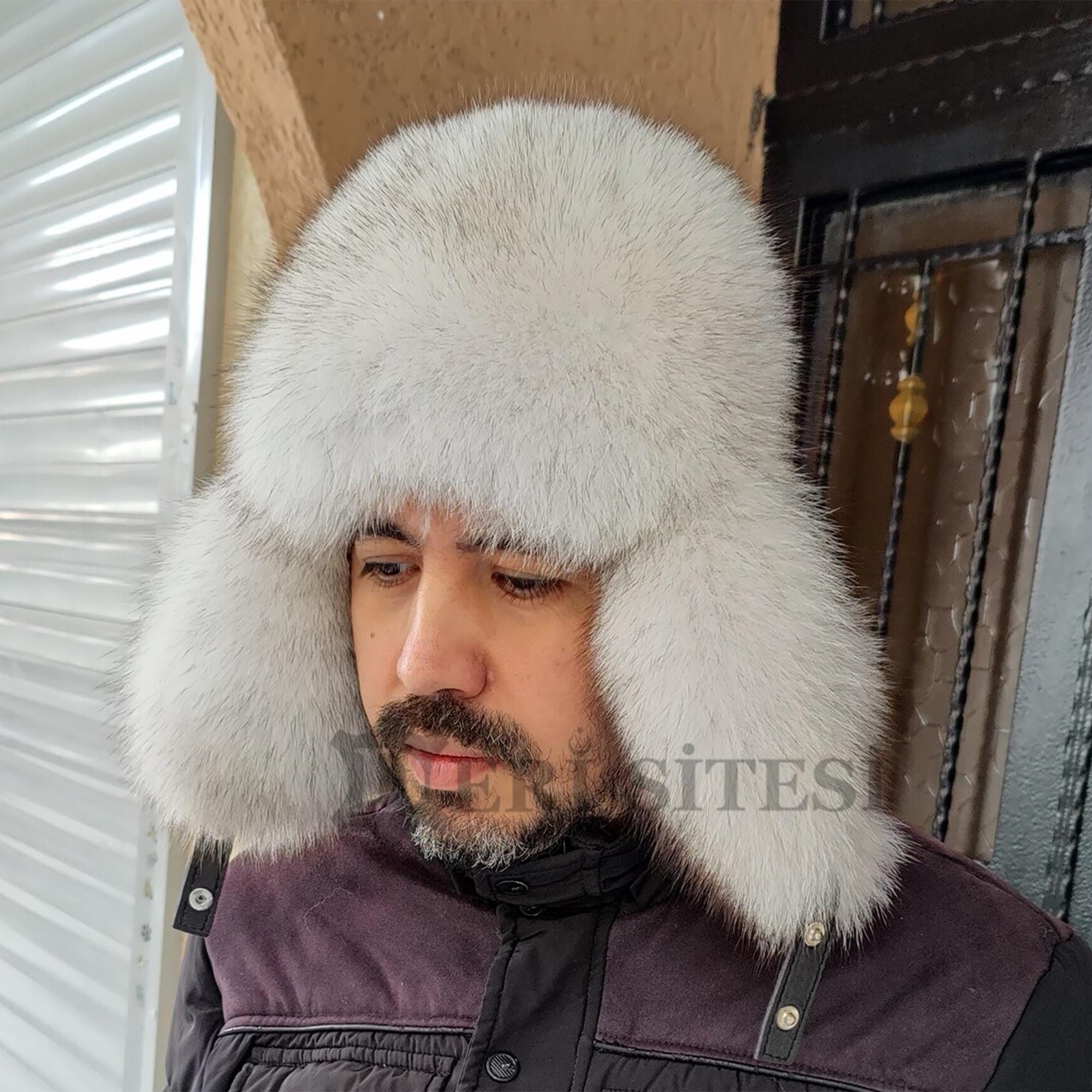 White Fox Fur Hat, Men's Leather Trapper Ushanka, Winter Cap