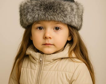 Girls Fur Hat Sheepskin Leather Winter Hats – Handmade Grey Cap, Warm Lambskin Gift