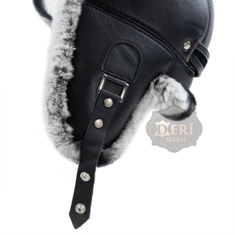 Men's Grey Rex Rabbit Hat, Fur Leather Aviator Russian Ushanka Trapper Winter Fur Hat image 7
