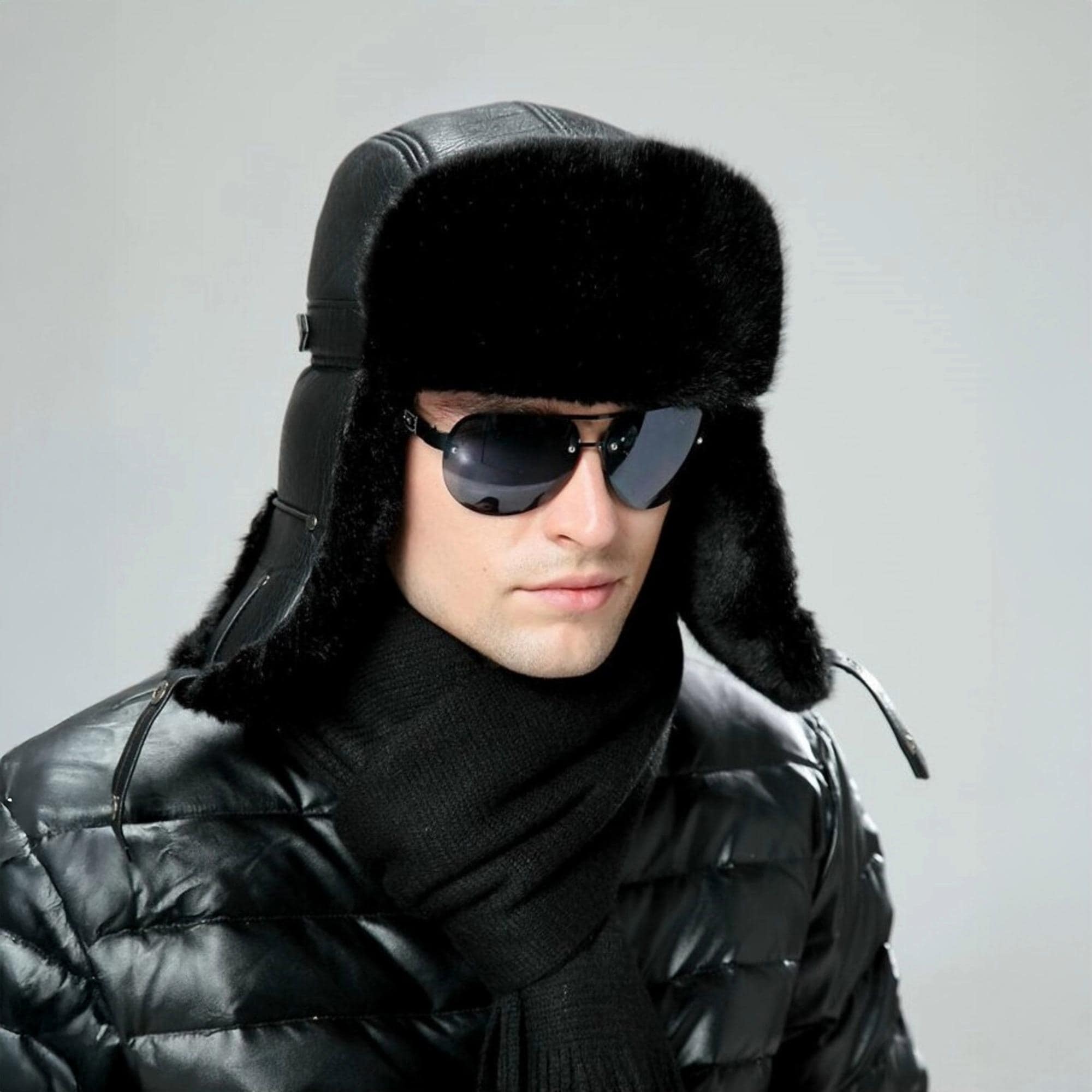 RATS BOMBER CAP（BLACK） Men's Sheepskin Leather Bomber Hat – Winter Trapper Ushanka