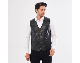 Colete de couro masculino - Colete para motociclista - Colete preto artesanal em couro de carneiro genuíno estilo motociclista