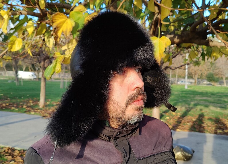 Chapeau homme en fourrure noire, chapeau de trappeur, chapeau en fourrure de renard noir, fourrure de renard, chapeau de mode image 4