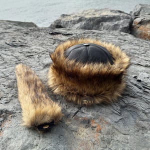 Mongolian Hat, Asian Leather and Fur Hat - Authentic Wolf Fur Pattern - Unisex Winter Hat -Unique Christmas Gift Ideas - Sheepskin and Faux Fur