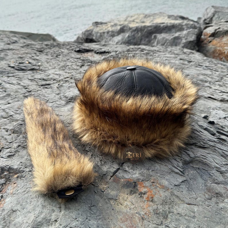 Mongolian Hat, Asian Leather and Fur Hat - Authentic Wolf Fur Pattern - Unisex Winter Hat -Unique Christmas Gift Ideas - Sheepskin and Faux Fur