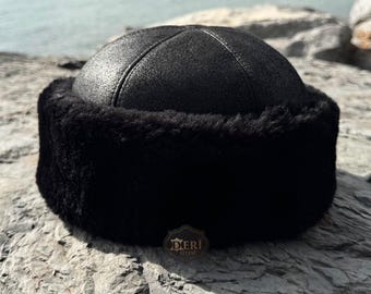 Black Shearling Sheepskin Beanie – Men's Handmade Winter Leather