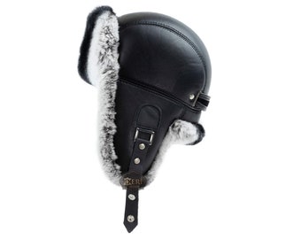 Cappello da coniglio Rex grigio da uomo, cappello di pelliccia invernale da aviatore russo Ushanka Trapper in pelle di pelliccia