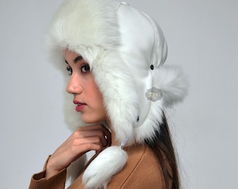 Bonnet d'hiver pour femme, chapeaux de pilote aviateur - Ushanka en peau de mouton blanche - Casquette de trappeur chaude en cuir