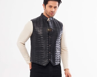 Mens Leather Vest – Slim Fit Black Biker Motorcycle Waistcoat, Genuine Lambskin Handmade Gilet