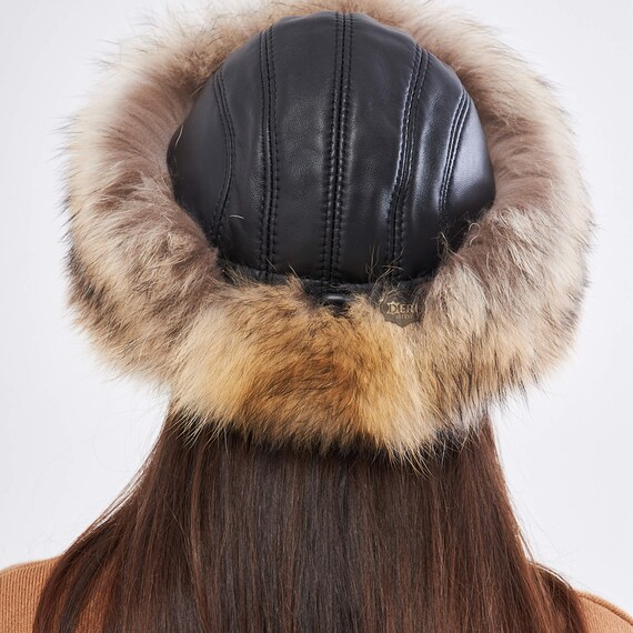 Leather and Suede Hat with Finn Raccoon Trim Genuine hat Velvet with finn raccoon fur - Gena main image 2