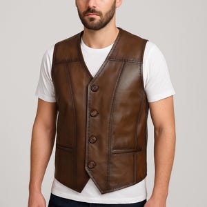 Men&#39;s Soft Brown Leather Waistcoat – 100% Lambskin – Handmade in Turkey – Classic Fit – 2 Pockets – Gift for Him -Ships in 1 Day -Black Vest