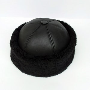 Zwarte leren hoed - heren 100% schapenvacht schapenvacht winterbont beanie - handgemaakte leren hoed - wintercadeau voor hem - gratis expresverzending