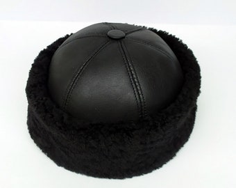 Black Leather Shearling Hat – Handmade Men’s Sheepskin Winter Fur Beanie, Warm Cold Weather Cap