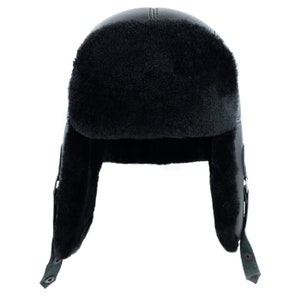 Chapeau aviateur en cuir et peau de mouton retournée Ushanka pour homme, trappeur russe, noir Chapeau en cuir fait main image 3