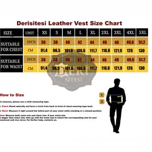 May include: A Derisitesi Leather Vest Size Chart featuring a table with sizes from XS to 5XL, listing chest and waist measurements in inches and centimeters. Includes a diagram of a person with numbered lines indicating where to measure for fit.