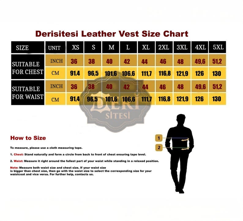 May include: A Derisitesi Leather Vest Size Chart featuring a table with sizes from XS to 5XL, listing chest and waist measurements in inches and centimeters. Includes a diagram of a person with numbered lines indicating where to measure for fit.