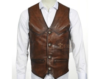 Men's Brown Leather Vest - 100% Lamb, Soft Sheepskin, Free Shipping - Best Gift