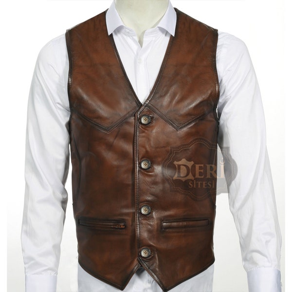 Gilet en Cuir Marron pour Homme - 100% Cuir d'Agneau, Peau de Mouton Douce, Livraison Gratuite