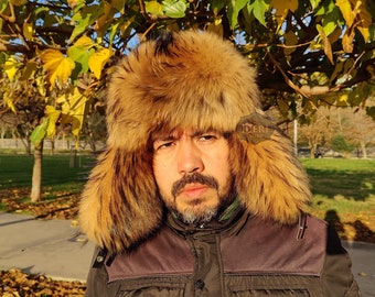 Men's Brown Hat, Finn Raccoon Hat, Fur Leather Aviator Hat, Russian Ushanka Trapper,Fur Trapper Hat For Man, Winter Hats, Fur Ear Flap Hat