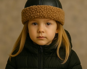 Girls Leather Hat, Sheepskin Kids Fur Hats – Winter Handmade Brown Cap, Warm Lambskin Gift