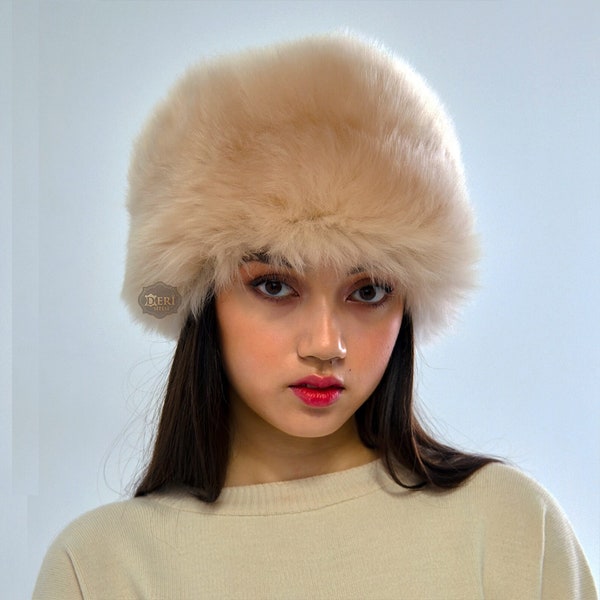 Chapeau d'hiver pour femme en peau de mouton retourné fait main - Cuir beige Fourrure