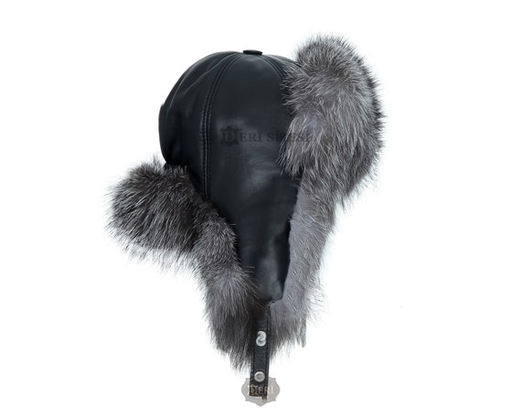 Silver Fox Fur Trapper Hat – Mens Black Leather Ushanka  display picture 2