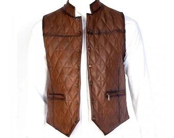 Leather Vest Men Motorcycle Vests Lambskin Quilted Slim-Fit Handmade Biker Outerwear Waistcoat Jerkin