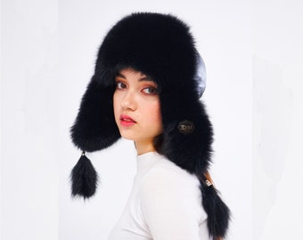 Black Fur Women Hat, Trapper Hat, Black Fox Fur Hat, Fox fur hat, Fashion hat, Black fox fur hat, Leather hat, Winter hat