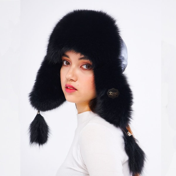 Chapeau en fourrure noire pour femme, chapeau de trappeur, chapeau en fourrure de renard noir, chapeau en fourrure de renard, chapeau tendance, chapeau en fourrure de renard noir, chapeau en cuir, chapeau d'hiver