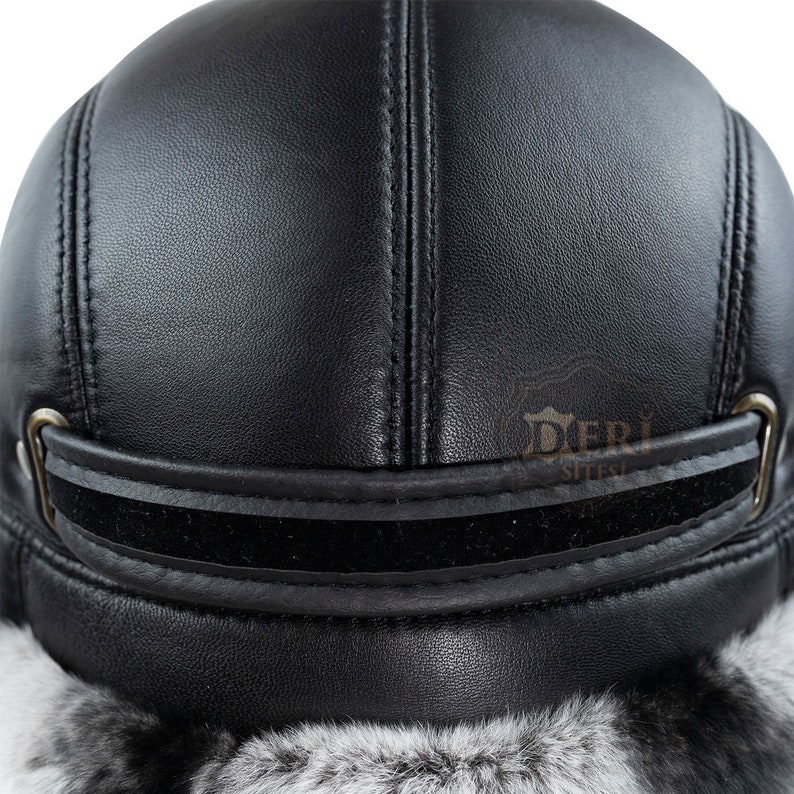 Men's Grey Rex Rabbit Hat, Fur Leather Aviator Russian Ushanka Trapper Winter Fur Hat image 8