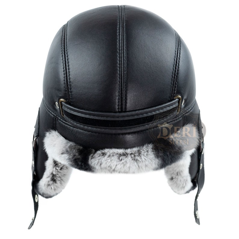 Men's Grey Rex Rabbit Hat, Fur Leather Aviator Russian Ushanka Trapper Winter Fur Hat image 5