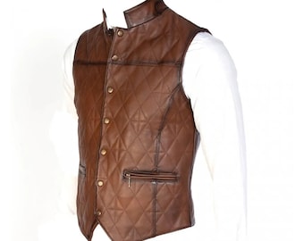 Colete masculino de couro slim fit - 100% colete de couro macio de cordeiro - colete de couro marrom - Ideias de presentes de Natal