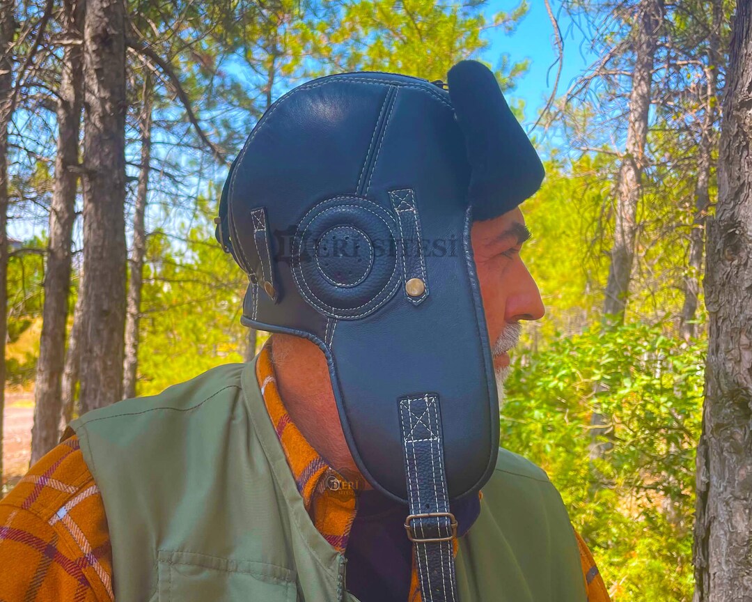 Men's Black Sheepskin Leather Bomber Hat Winter Trapper Ushanka Aviator