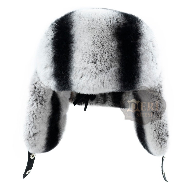 Men's Grey Rex Rabbit Hat, Fur Leather Aviator Russian Ushanka Trapper Winter Fur Hat image 4