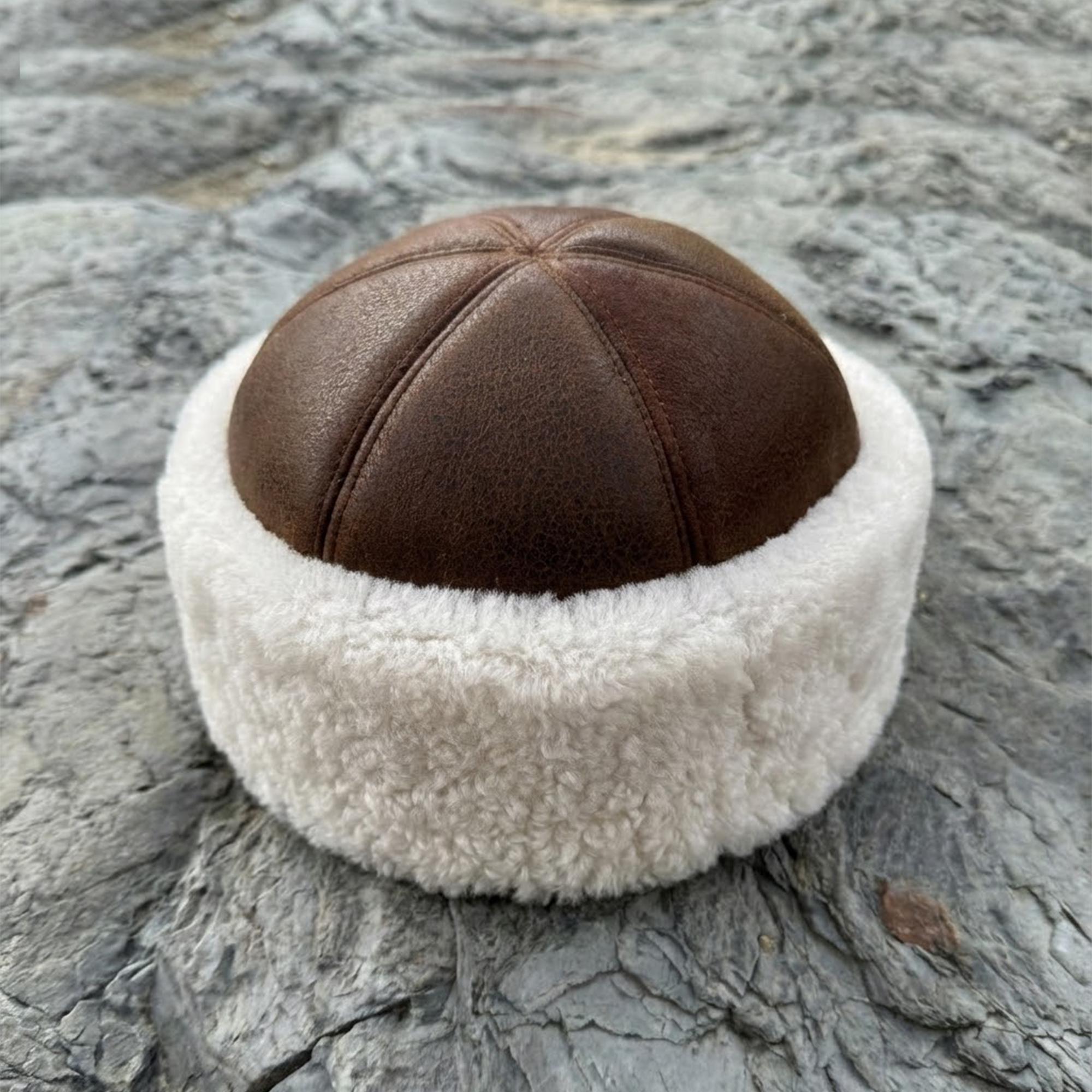 Leather Sheepskin Fur Hat Round Beanie, Brown S/M Handcrafted Brown Leather Shearling Hat – Sheepskin Hats  main image 3
