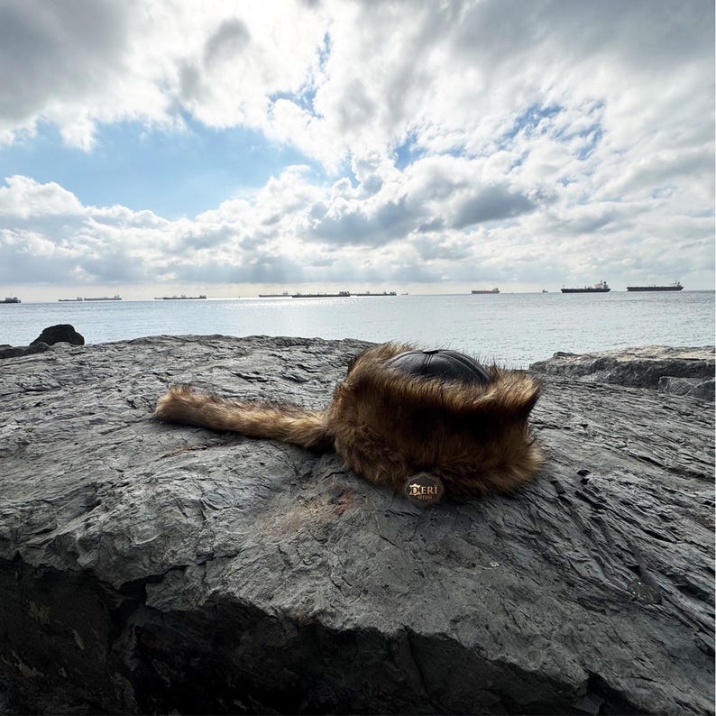 Mongolian Hat, Asian Leather and Fur Hat - Authentic Wolf Fur Pattern - Unisex Winter Hat -Unique Christmas Gift Ideas - Sheepskin and Faux Fur
