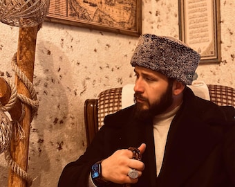 Handmade Sheepskin Caucasus Hat – Grey Brown Leather Kalpak Papakha, Traditional Turkish Winter Cap