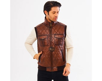 Tan Brown Men's Leather Vest | Tricot Diamond Pattern | Detailed Pockets | Handmade