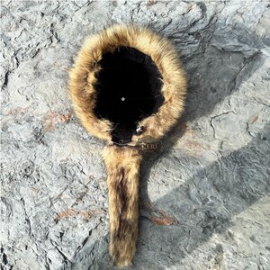 Mongolian Hat, Asian Leather and Fur Hat - Authentic Wolf Fur Pattern - Unisex Winter Hat -Unique Christmas Gift Ideas - Sheepskin and Faux Fur