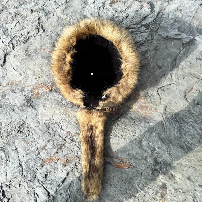 Mongolian Hat, Asian Leather and Fur Hat - Authentic Wolf Fur Pattern - Unisex Winter Hat -Unique Christmas Gift Ideas - Sheepskin and Faux Fur