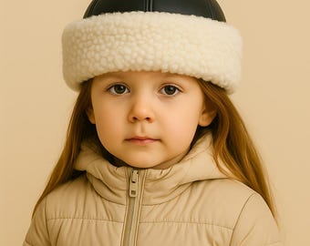 Girls Winter Hat - Sheepskin Fur Lined Hats - Kids Leather Cap – Warm, Handmade White Lambskin