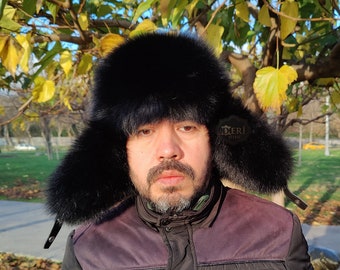 Black Fur Men Hat, Trapper Hat, Black Fox Fur Hat, Fox Fur, Fashion hat, Black fox fur hat, Leather hat, Winter hat -Christmas Gifts For Him