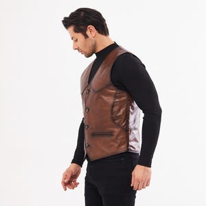 Leather Vest Men Brown Sheepskin Waistcoat Handmade Cowboy Biker Motorcycle Outerwear Western Jerkin