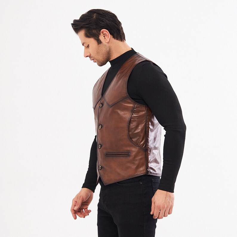 Leather Vest Men Brown Sheepskin Waistcoat Handmade Cowboy Biker Motorcycle Outerwear Western Jerkin