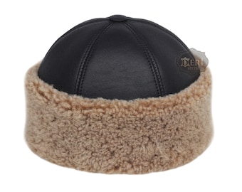 Brown Shearling Sheepskin Beanie Hat – Handmade Leather Winter Fur Cap, Warm Cold Weather Headwear