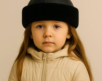 Girls Leather Hats - Fur Lined Hat - Black Sheepskin Winter Kids Cap – Handmade Warm Lambskin