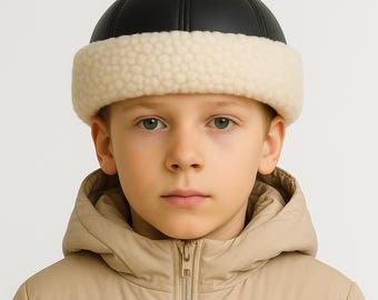 Boys Leather Hat – Sheepskin Fur Winter Cap, Handmade Warm Lambskin Turkish Kalpak