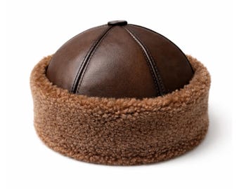 Handcrafted Brown Leather Sheepskin Hat – Shearling Hats Winter Fur Beanie, Warm Cap Unisex