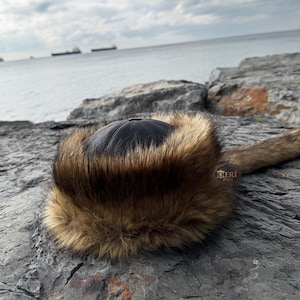 Mongolian Hat, Asian Leather and Fur Hat - Authentic Wolf Fur Pattern - Unisex Winter Hat -Unique Christmas Gift Ideas - Sheepskin and Faux Fur