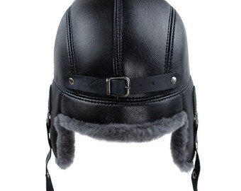 Cucuba Chapeau en cuir de Montone Shearling hiver Ushanka homme Chapeau Pilote Aviateur soviétique de neige avec pare-oreilles (L), marron, 58/59 cm Cucuba Chapeau en cuir de Montone Shearling hiver Ushanka homme Chapeau Pilote Aviateur soviétique de neige avec pare-oreilles (L), marron, 58/59 cm